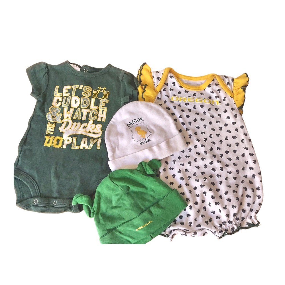 RivalryThreads Oregon Ducks Baby 0-6M Green White Romper Bodysuit Beanie Set 4pc